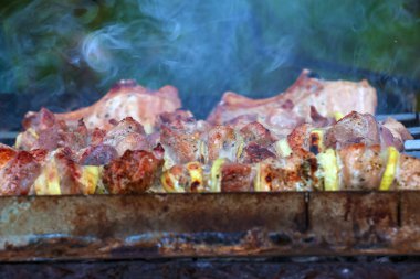 Izgarada dumanla kebap pişirmek. Açık hava ızgarasında pişmiş taze kahverengi et..