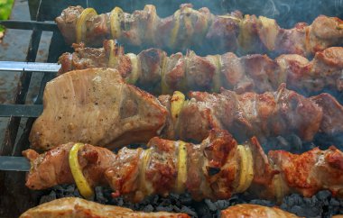 Izgarada dumanla kebap pişirmek. Açık hava ızgarasında pişmiş taze kahverengi et..