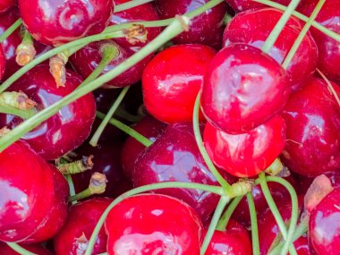 Arka plan olarak lezzetli olgun tatlı kiraz, üst görünümü.