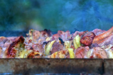 Izgarada dumanla kebap pişirmek. Açık hava ızgarasında pişmiş taze kahverengi et..