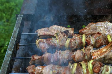 Izgarada dumanla kebap pişirmek. Açık hava ızgarasında pişmiş taze kahverengi et..