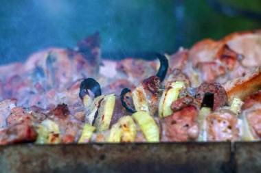 Izgarada dumanla kebap pişirmek. Açık hava ızgarasında pişmiş taze kahverengi et..