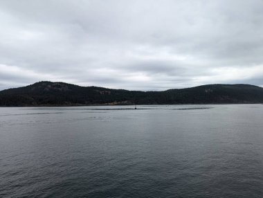 Rosario Boğazı 'nda bulutlu bir hava. Hareket halindeki bir feribottan adaların manzarası. Washington Eyaleti, ABD.