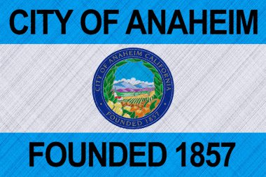 Flag of the city of Anaheim, California, USA, on a background of fabric texture. Conceptual collage. clipart