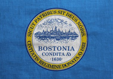 Boston, Massachusetts, ABD bayrağı, kumaş dokusunun arka planında. Kavramsal kolaj.