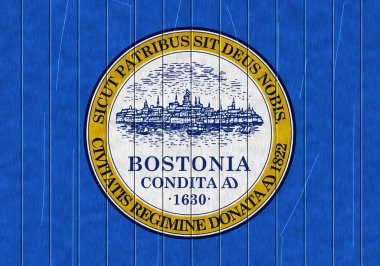 Boston, Massachusetts, ABD bayrağı, ahşap bir çitin arkasında. Kavramsal kolaj.
