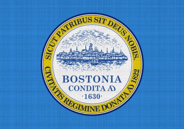 Boston, Massachusetts, ABD bayrağı, kumaş dokusunun arka planında. Kavramsal kolaj.