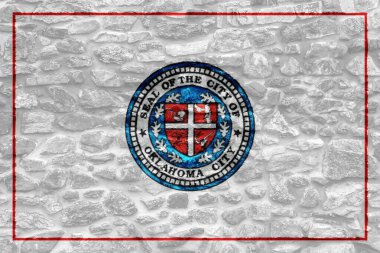 Oklahoma City, Oklahoma, ABD bayrağı taştan duvarın arkasında. Kavramsal kolaj.