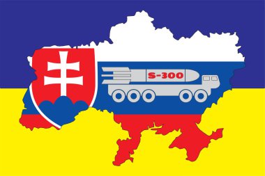 The contour of the map of Ukraine is painted in the colors of the flag of Slovakia on the flag of Ukraine and the installation of S-300. Illustration clipart