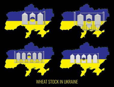 Ukrayna tahıl stoku ikonu örnekleme seti. Ukrayna haritasındaki ambarlar, ulusal bayrağın sarı-mavi renginde boyanmış..