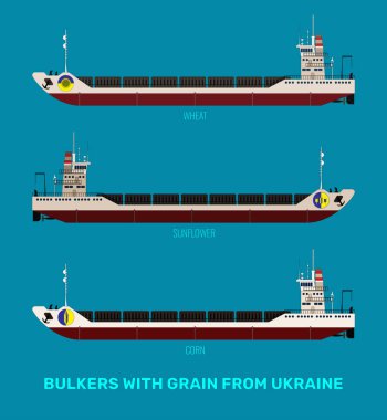 Mısır gevreği, ayçiçeği ve mavi deniz zemininde buğday taşıyan Ukrayna 'lı gemi taşıyıcılarının çizimleri. Toplu taşıyıcılar sarı-mavi bayrak taşır..