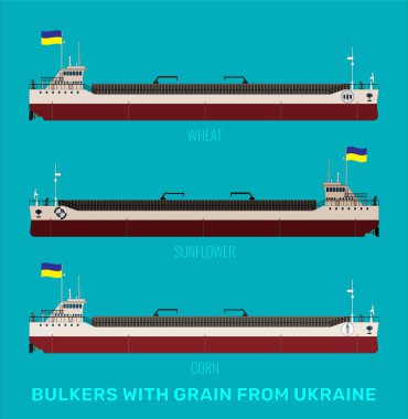 Mısır gevreği, ayçiçeği ve mavi deniz zemininde buğday taşıyan Ukrayna 'lı gemi taşıyıcılarının çizimleri. Toplu taşıyıcılar sarı-mavi bayrak taşır..