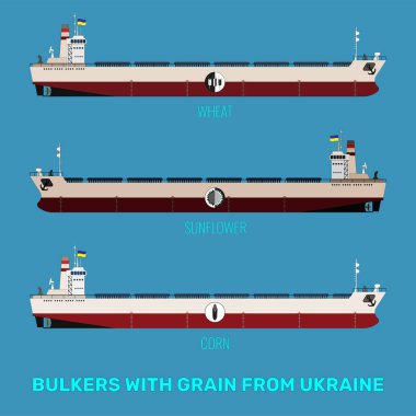 Mısır gevreği, ayçiçeği ve mavi deniz zemininde buğday taşıyan Ukrayna 'lı gemi taşıyıcılarının çizimleri. Toplu taşıyıcılar sarı-mavi bayrak taşır..