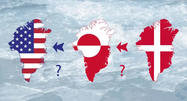 Danimarka, Grönland ve ABD bayraklı Grönland haritası. Politik kavram. Buz arkaplanı.