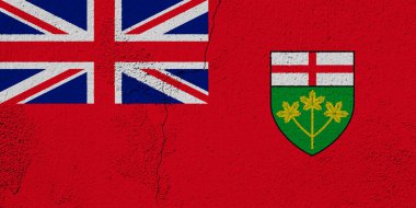 Ontario 'nun resmi bayrağı. Kanada Eyaleti. Çatlak bir duvar dokusunun arka planında kavramsal kolaj.