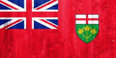 Ontario 'nun resmi bayrağı. Kanada Eyaleti. Ahşap doku üzerine kavramsal kolaj.