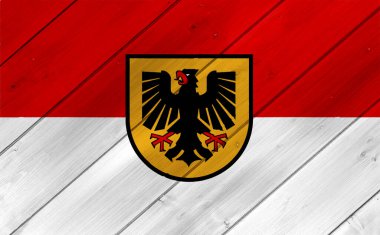Dortmund 'un resmi bayrağı. Almanya 'da bir şehir. Ahşap doku üzerine kavramsal kolaj.