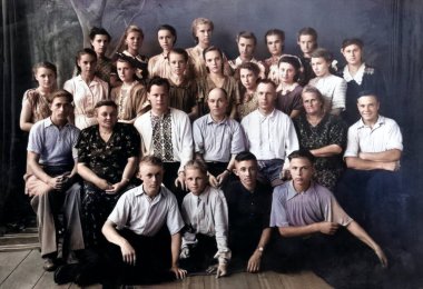 Voronezh, USSR - 05.27.1953: Vintage portrait of Soviet school graduates. Retro photo from 1953. clipart