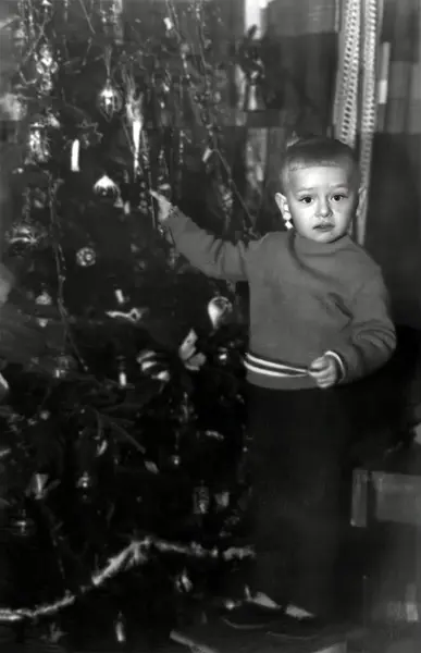 Noel ağacının yanındaki küçük bir çocuğun klasik portresi. 1969 'dan kalma eski bir fotoğraf.