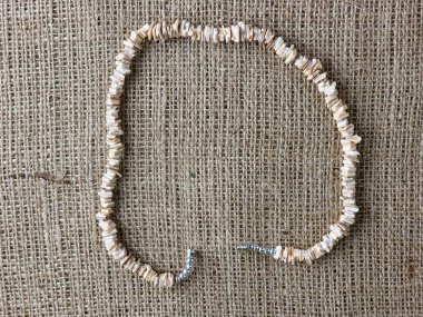 Bej arka plandaki bir kadına hediye olarak el yapımı, parlatılmış bej kabuklu kolye. Doğal mücevherler. Yaz mücevherleri.