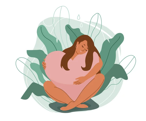 Ama Ilustración Vectorial Mujer Sonriente Sentarse Abrazar Gran Corazón Naturaleza — Archivo Imágenes Vectoriales
