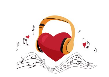 Big red heart in yellow headphone, music notes at the air in flat cartoon style. Love banner background design. Listen to your heart vector illustration.