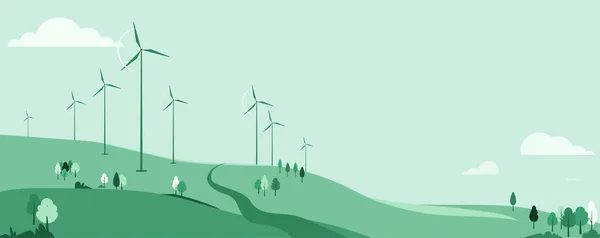 Grön Energi Resurs Vektor Illustration Naturlandskap Med Roterande Väderkvarnar Vindkraftverk — Stock vektor