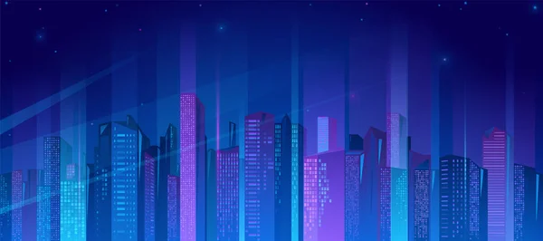 Neon Város Vektor Illusztráció Éjszakai Városkép Fényes Ragyogó Neon Lila — Stock Vector