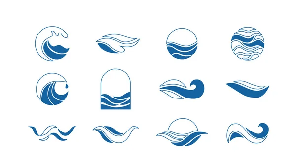 波形ロゴベクトルセット 水のアイコンテンプレート 抽象的な線の海 円の海のサージ 自然の青い液体の概念設計 — ストックベクタ