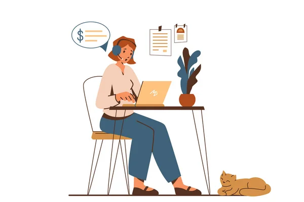 女性起業家ワークベクトルイラスト 若い女性は机に座って ラップトップを見て ヘッドフォンやインターネットを介して通信します 白地に隔離された — ストックベクタ