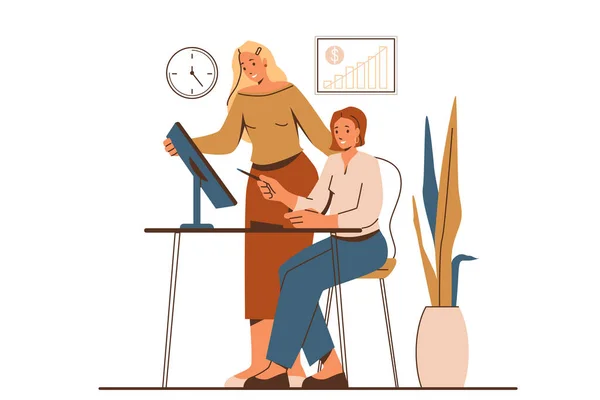 Ilustracja Wektora Przedsiębiorczości Jedna Kobieta Pokazuje Innym Kobietom Proces Biznesowy — Wektor stockowy