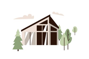 Modern ev vektör illüstrasyonunu ağaçlarla basit ve minimal bir şekilde. Beyaz arkaplanda izole.