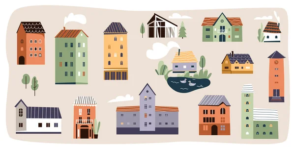 Häuser Setzen Vektor Illustration Kleines Gebäude Für Stadt Oder Dorfgestaltung — Stockvektor