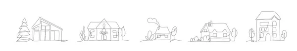 房屋在连续线条绘画风格的矢量收集插图 住宅建筑设置为标志 因白人背景而被隔离 — 图库矢量图片