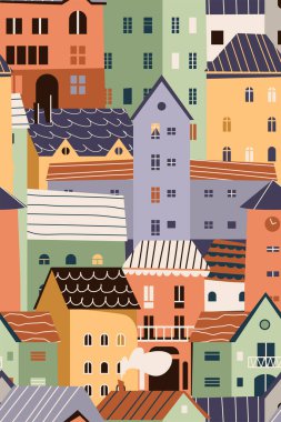 Küçük evler, kusursuz desenli vektör çizimleri. Parlak renkli çizgi film binaları. Güzel şehir duvar kağıdı..