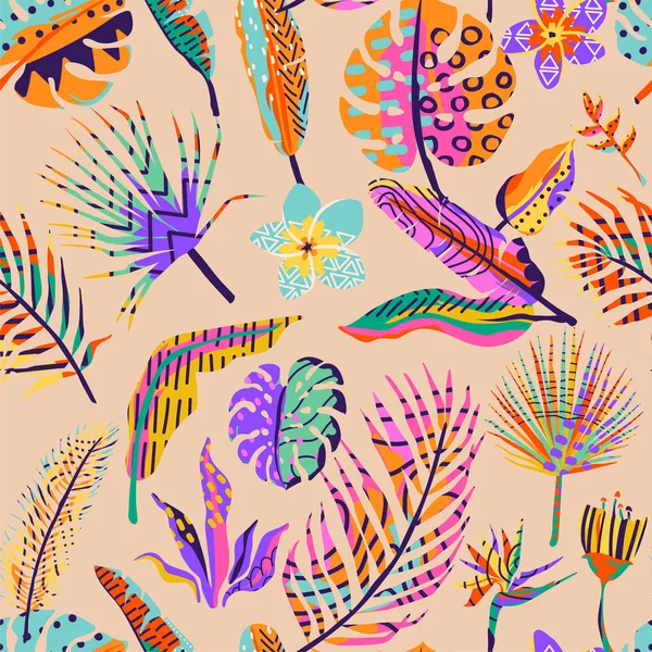 Tropikalne Bezszwowe Tło Wektora Letni Wzór Teksturowanych Liści Palmowych Kwiatów — Wektor stockowy