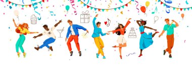 People celebrate vector background. Happy women and men celebrating birthday with confetti, balloons, party hats, cake. Holiday celebration concept. Party concept. Flat modern color illustration. clipart