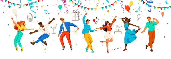People Celebrate Vector Background Happy Women Men Celebrating Birthday Confetti — Stock Vector