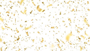 Altın konfeti vektör arka planı. Parlak, altın renkli, gösterişli bir süs. Tatil, uçan parlak parçacıklarla festival dekorasyonu. Yıldönümü, doğum günü kutlaması, selamlama illüstrasyonu.