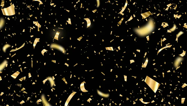 Gold Confetti Vector Illustration Falling Bright Golden Festive Tinsel Black — Stock Vector