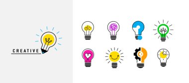 Light bulb set, creative logo vector illustration. Stylized electric lamp with different idea in simple flat minimal style. clipart