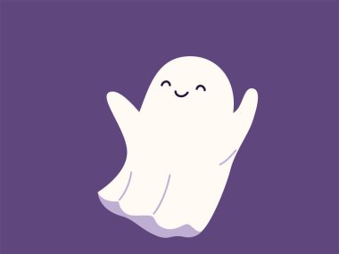 Şirin cadılar bayramı hayalet vektör çizimi. Çocuklar için korkunç çocuksu karakter. Komik mutlu hayalet. Duyguları olan sihirli ruh, yüz ifadesi. Cadılar Bayramı düz modern çizgi film tasarımı.