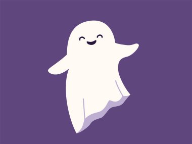 Şirin cadılar bayramı hayalet vektör çizimi. Çocuklar için korkunç çocuksu karakter. Havada dans eden komik hayalet. Duyguları olan sihirli ruh, yüz ifadesi. Cadılar Bayramı düz modern çizgi film tasarımı.