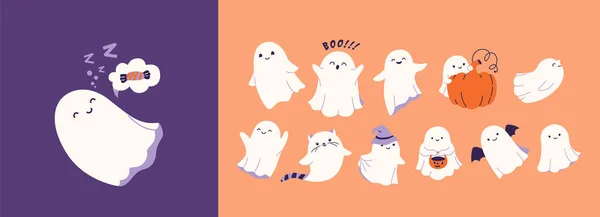 Halloween Duch Nastavit Vektorové Ilustrace Roztomilý Veselý Duchové Různými Emocemi — Stockový vektor