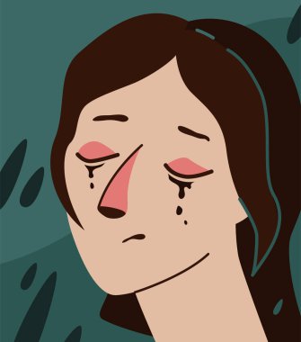 Üzüntü vektör illüstrasyonu. Arka planda mavi arka planda yağmur yağarken depresyonda olan kadın ağlıyor. Kapalı kırmızı gözlü ve burunlu bir kız. Gözlerinden yaşlar akıyor..