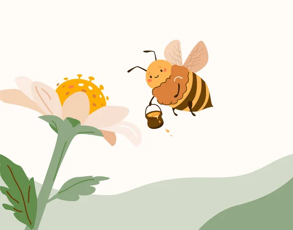 Abeille Volant Près Illustration Vectorielle Fleur Marguerite Abeille Collecte Pollen — Image vectorielle