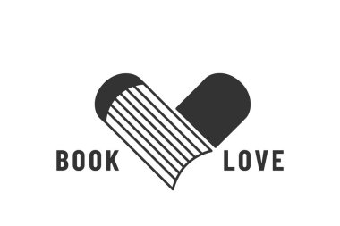 Kitap sevgisi logo vektör tasarımı çizimi. Soyut ticari marka konsepti, kalp şeklinde kitap, metin işareti. Beyaz arkaplanda izole.