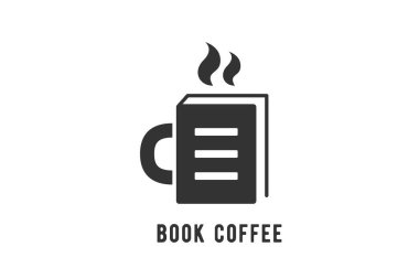 Kitap kahve logosu vektör tasarımı illüstrasyonu. Kitap kupası ve metin işaretiyle soyut ticari marka konsepti. Beyaz arkaplanda izole.