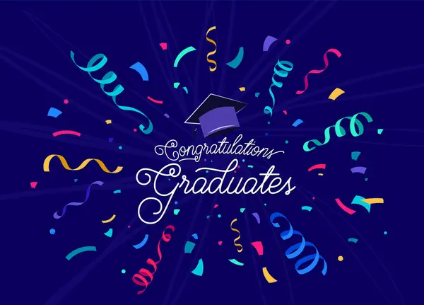 Congratulations Graduates Vector Background Congrats Illustration Confetti Burst Center Ribbon — Stock Vector