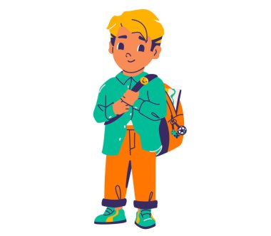 Okulun vektör ilüstrasyonuna gitmeye hazır şirin bir çocuk. Beyaz arkaplanda sırt çantalı bir erkek öğrenci..